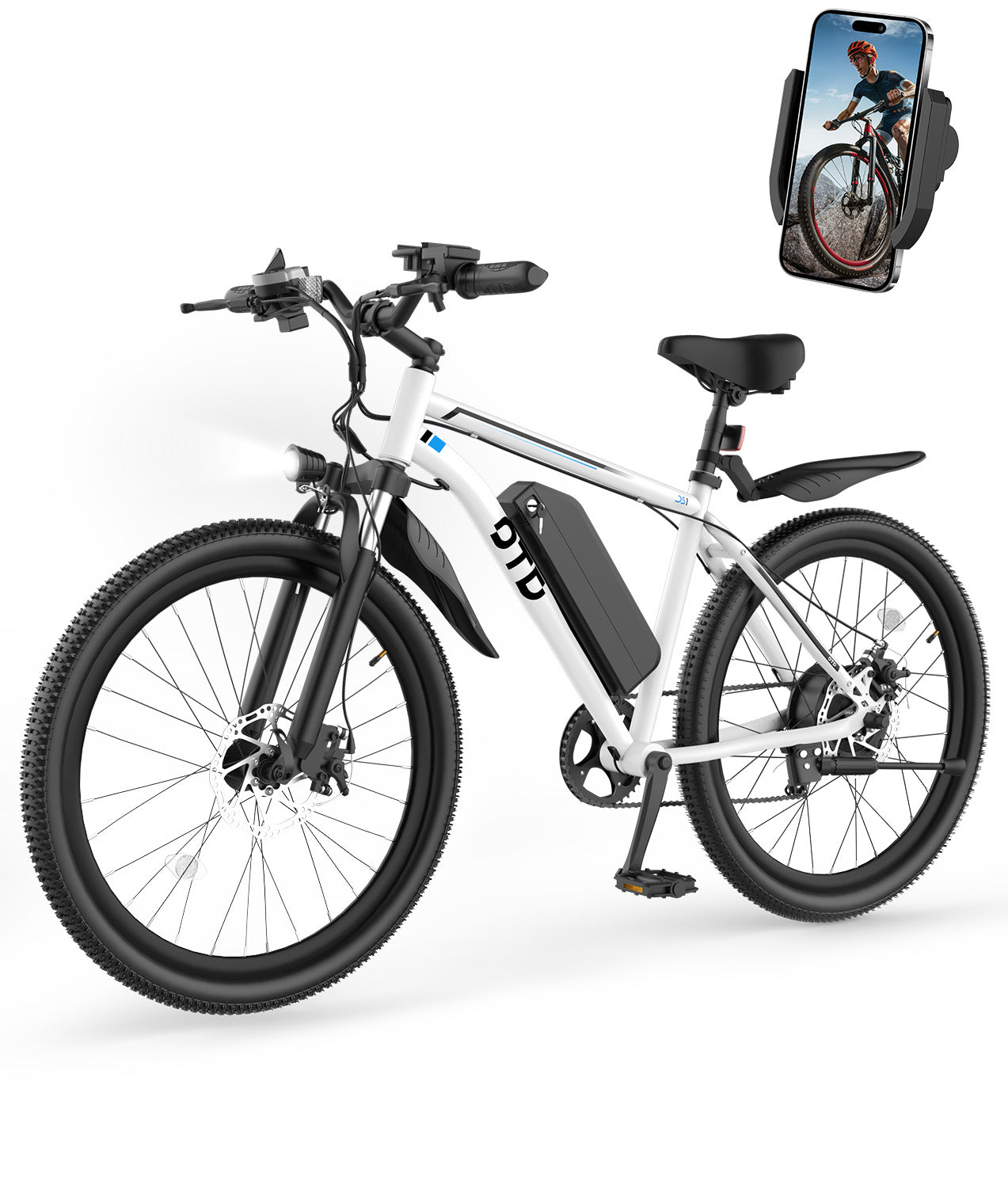 OTD Electric Bikes for Adults[with Mobile Phone Holder], 28MPH White Electric Bicycles, 26" 800W Peak 45 Miles PAS Range, 48V 624Wh Removable Battery,7-Speed（UL 2849）