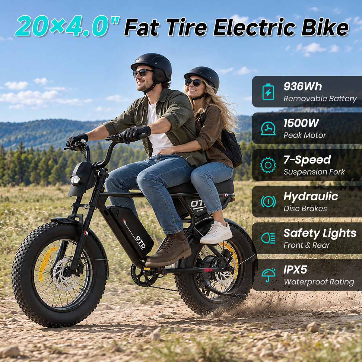 OTD Electric Bike for Adults, 1500W Peak 52V 18Ah Hydraulic Fat Tire Ebike 936Wh Removable Battery (Up to 40-Mile Range), 28 MPH Ebikes, Hydraulic Disc Brakes, Front Suspension, 7-Speed, for Commuters