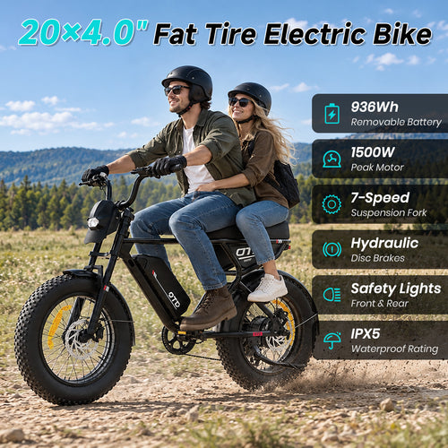 OTD Electric Bike for Adults, 1500W Peak 52V 18Ah Hydraulic Fat Tire Ebike 936Wh Removable Battery (Up to 40-Mile Range), 28 MPH Ebikes, Hydraulic Disc Brakes, Front Suspension, 7-Speed, for Commuters