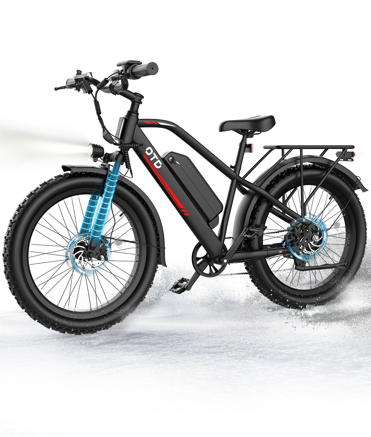 OTD Electric Bike, 1200W Peak Motor, 28 MPH Max Speed & 80 Miles with 624Wh Removable Battery, Ebike for Adults, Hydraulic Brakes, Front Suspension, 26'' x 4'' Fat Tire Bicycles