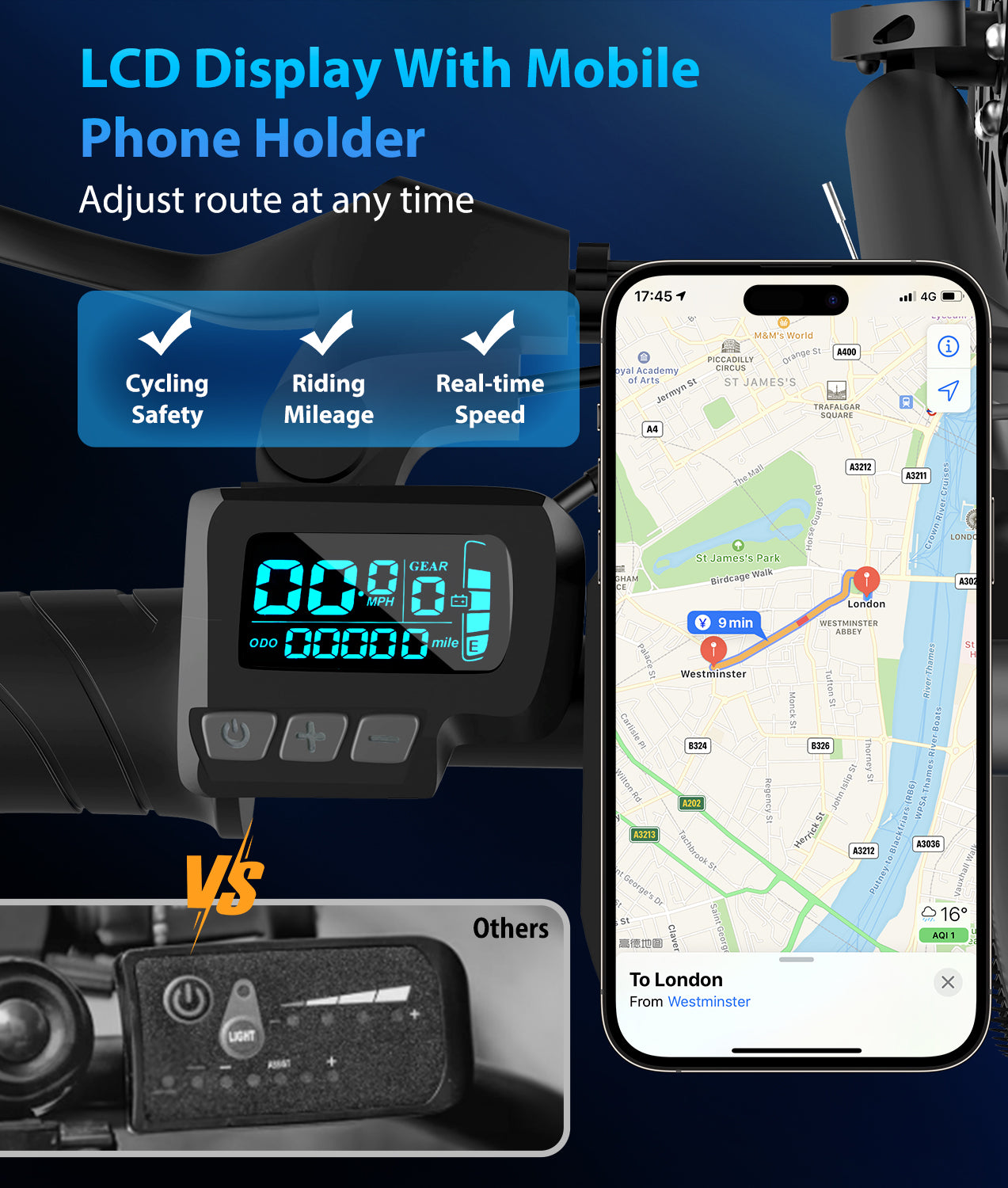 OTD Electric Bikes for Adults[with Mobile Phone Holder], 28MPH Electric Bicycles, 26" 800W Peak 45 Miles PAS Range, 48V 624Wh Removable Battery,7-Speed（UL 2849）