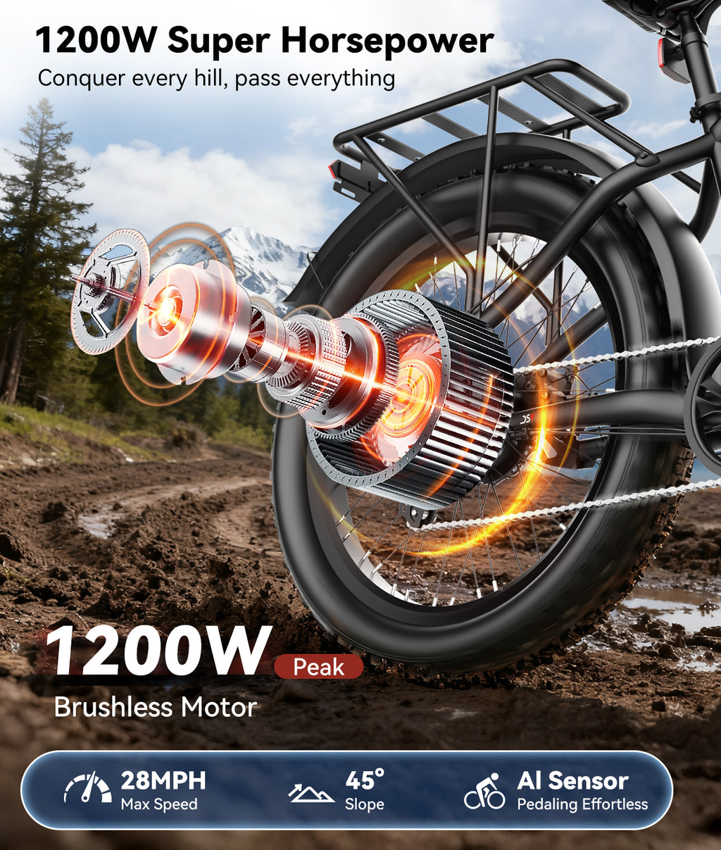 OTD Electric Bike, 1200W Peak Motor, 28 MPH Max Speed & 80 Miles with 624Wh Removable Battery, Ebike for Adults, Hydraulic Brakes, Front Suspension, 26'' x 4'' Fat Tire Bicycles