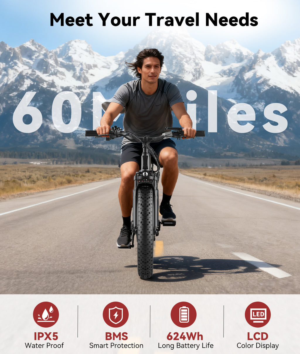 OTD Electric Bike, 1200W Peak Motor, 28 MPH Max Speed & 80 Miles with 624Wh Removable Battery, Ebike for Adults, Hydraulic Brakes, Front Suspension, 26'' x 4'' Fat Tire Bicycles