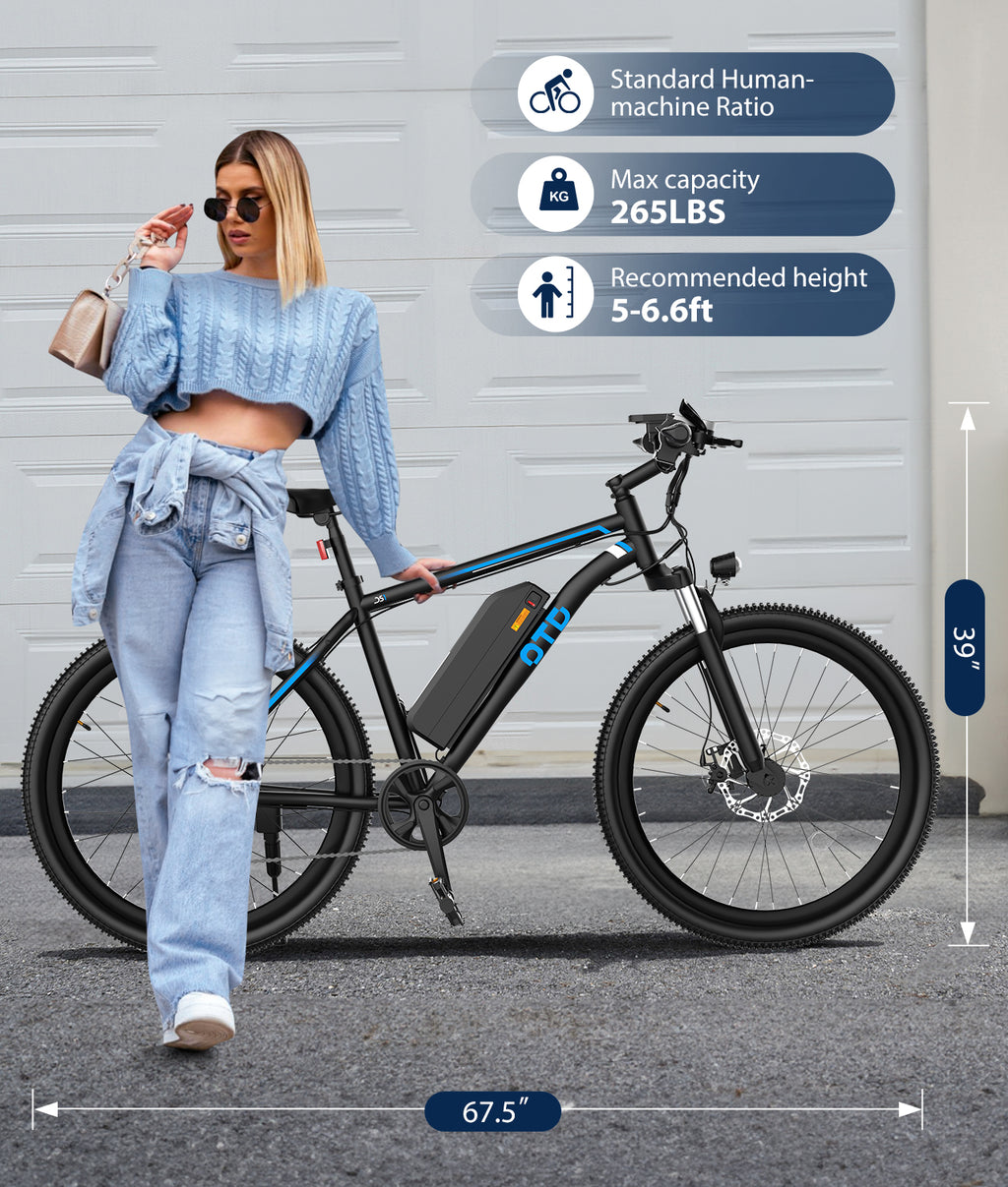 OTD Electric Bikes for Adults[with Mobile Phone Holder], 28MPH Electric Bicycles, 26" 800W Peak 45 Miles PAS Range, 48V 624Wh Removable Battery,7-Speed（UL 2849）