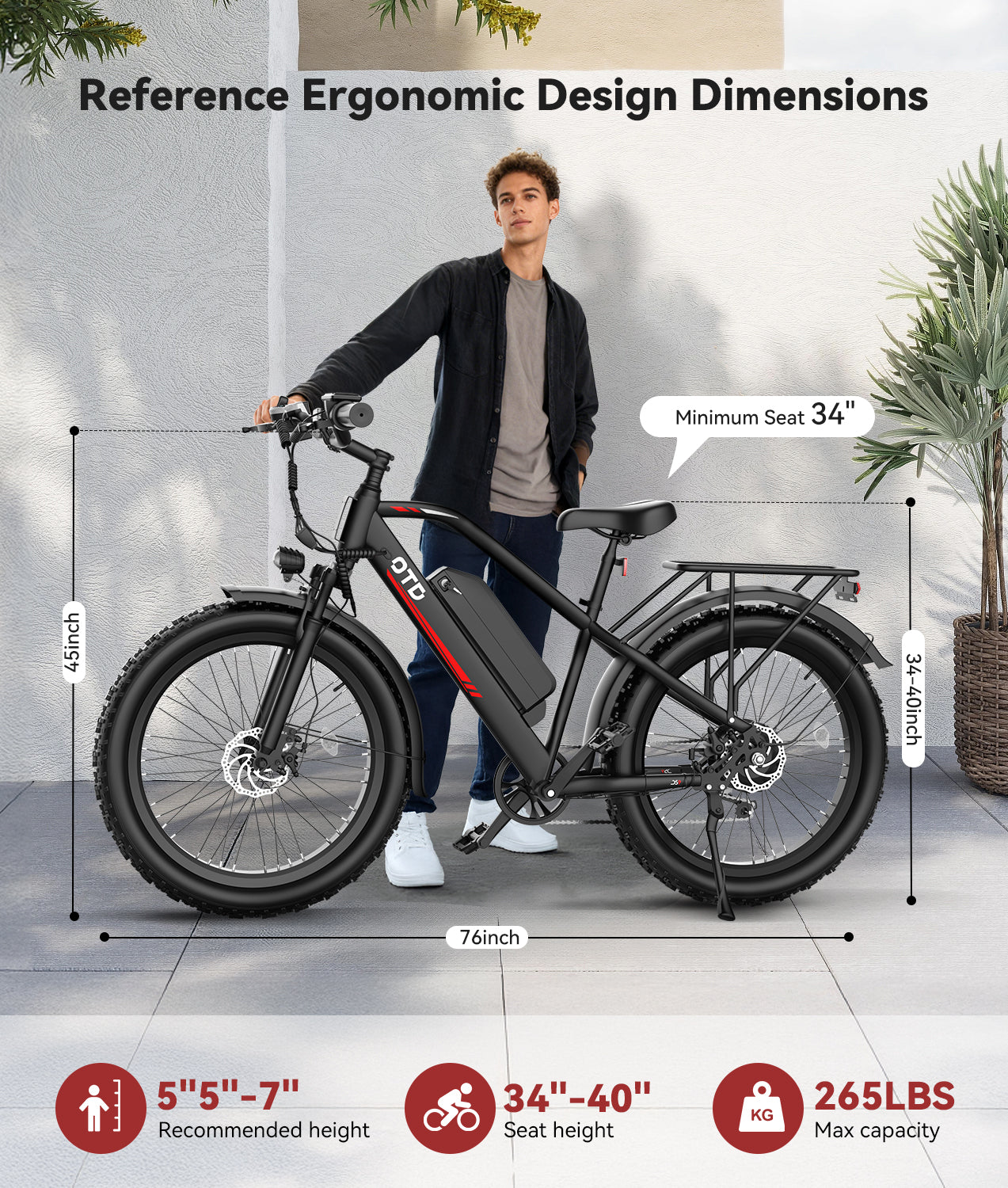 OTD Electric Bike, 1200W Peak Motor, 28 MPH Max Speed & 80 Miles with 624Wh Removable Battery, Ebike for Adults, Hydraulic Brakes, Front Suspension, 26'' x 4'' Fat Tire Bicycles