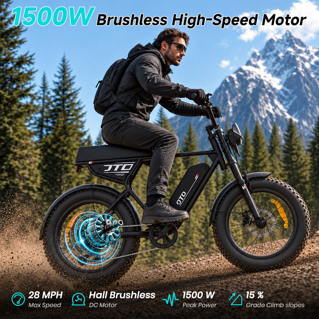 OTD Electric Bike for Adults, 1500W Peak 52V 18Ah Hydraulic Fat Tire Ebike 936Wh Removable Battery (Up to 40-Mile Range), 28 MPH Ebikes, Hydraulic Disc Brakes, Front Suspension, 7-Speed, for Commuters
