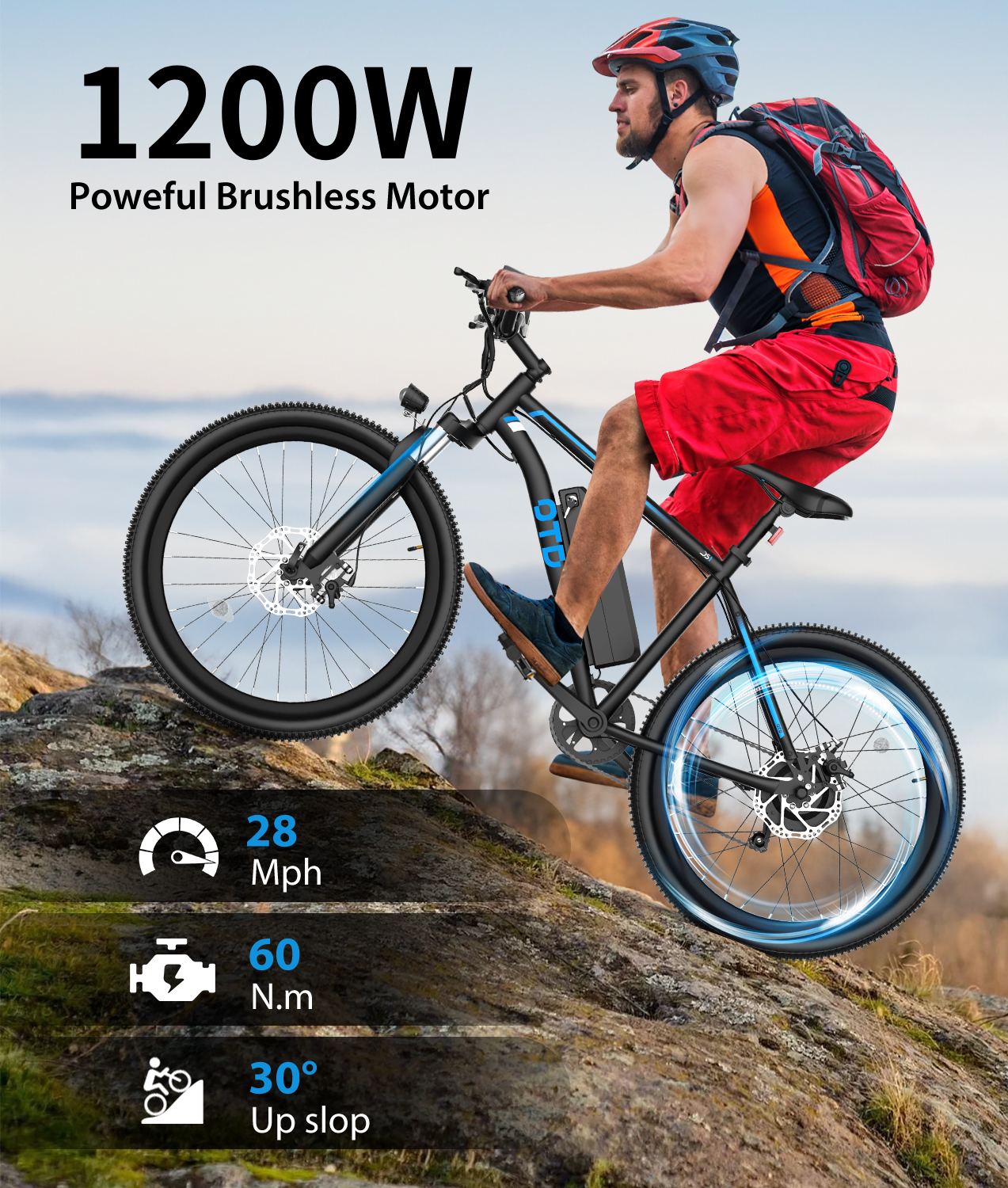 OTD Electric Bikes for Adults[with Mobile Phone Holder], 28MPH Electric Bicycles, 26" 1200W Peak 90 Miles PAS Range, 48V 624Wh Removable Battery,7-Speed（UL 2849）